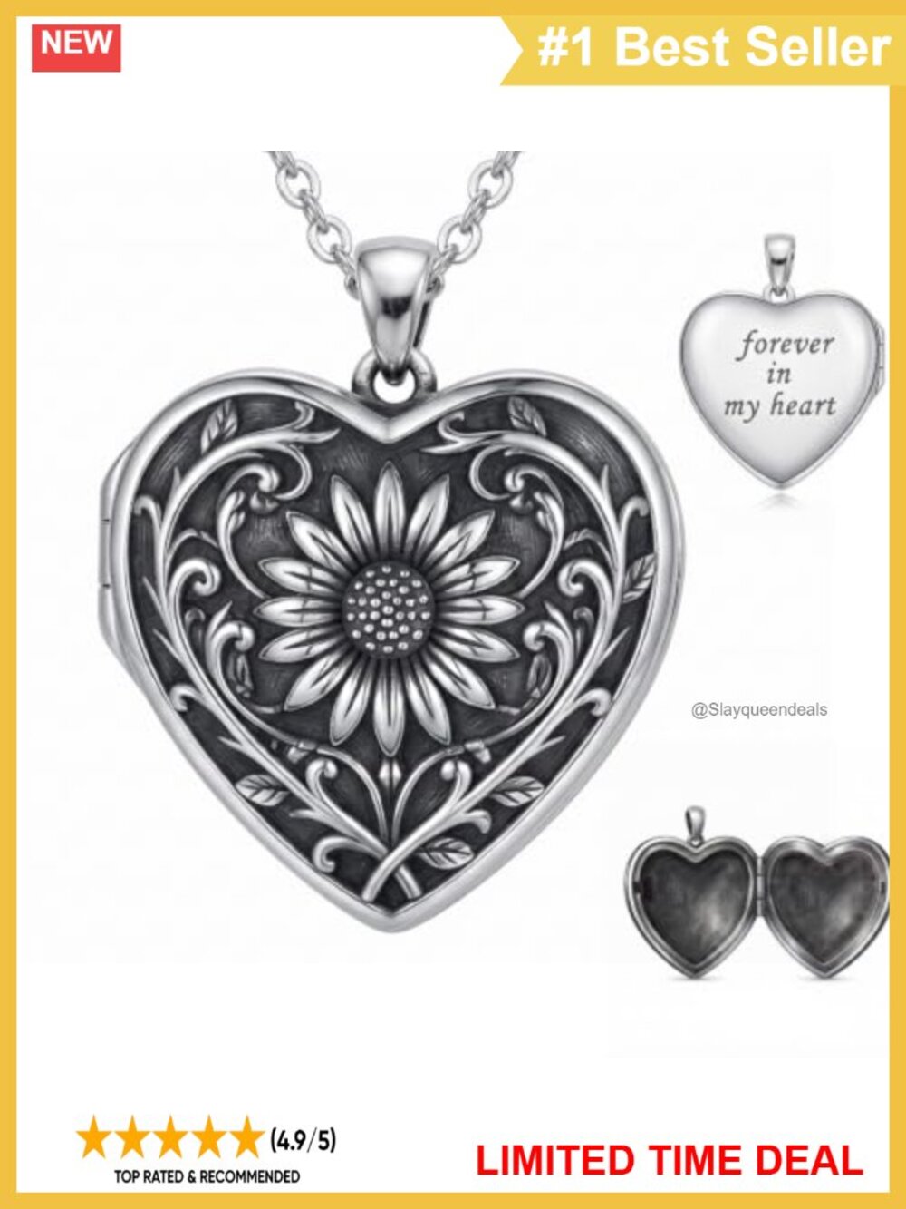 Sterling Silver Heart Locket Necklace Sunflower Photo Pendant Adjustable Chain